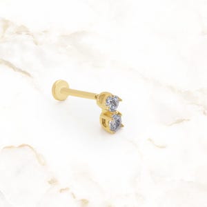 Dainty Diamond Stud Earring with Flat Back | Two Stone Screw Back Earring | 14K Solid Gold Tragus Jewelry for Women | 18g Cartilage Piercing