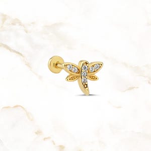 Micro Pave Dragonfly Earring Gold | 18G Screw Flat Back Dragonfly Stud | 14K Solid Gold Tragus Piercing 18g | Dainty Diamond Earring for Mom