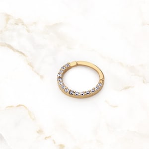 14K Gold Sparkly Clicker Hoop | Solid Gold Hinged Clicker for Septum, Nose, Helix & Cartilage | CZ Piercing Jewelry | Hypoallergenic Earring