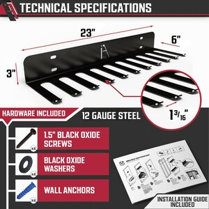 Puede incluir: Estante de pared de metal negro con 10 ganchos para colgar herramientas u otros art&iacute;culos. El estante mide 58,4 cm de largo, 15,2 cm de alto y 7,6 cm de profundidad. Est&aacute; hecho de acero de calibre 12 e incluye hardware de montaje: tornillos negros oxidados de 3,8 cm, arandelas negras oxidadas y anclajes de pared.