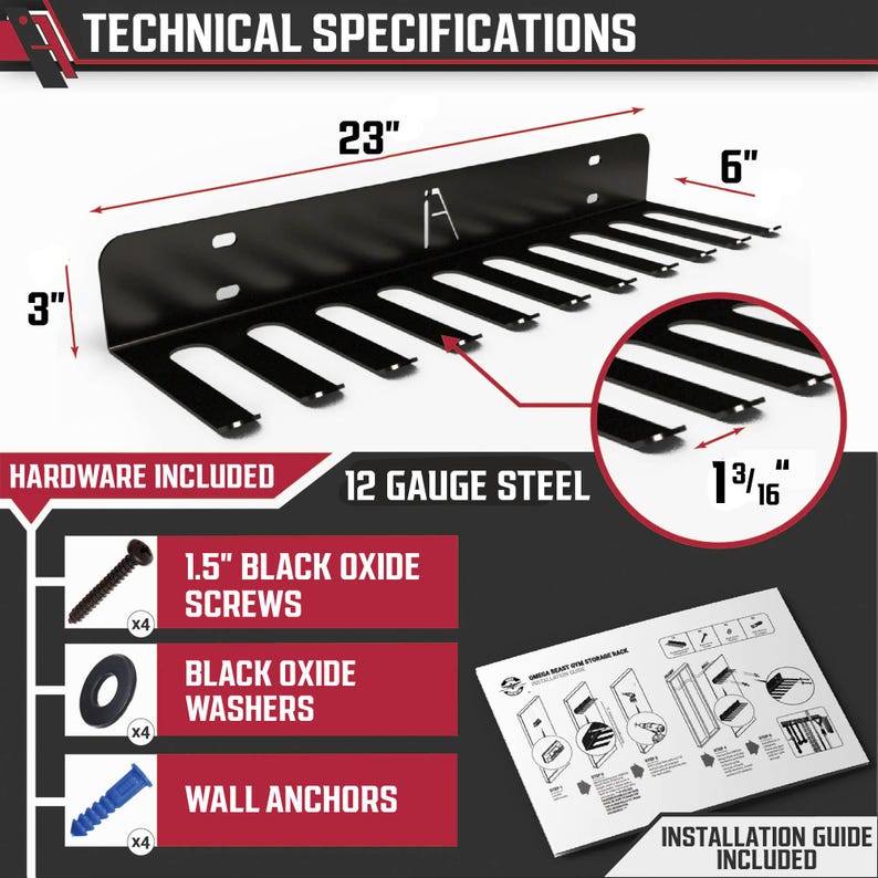 Puede incluir: Estante de pared de metal negro con 10 ganchos para colgar herramientas u otros art&iacute;culos. El estante mide 58,4 cm de largo, 15,2 cm de alto y 7,6 cm de profundidad. Est&aacute; hecho de acero de calibre 12 e incluye hardware de montaje: tornillos negros oxidados de 3,8 cm, arandelas negras oxidadas y anclajes de pared.