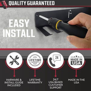 Puede incluir: Soporte de pared de metal negro con cuatro ranuras para sujetar destornilladores. El soporte se est&aacute; instalando con un destornillador. La imagen incluye el texto "QUALITY GUARANTEED", "EASY INSTALL", "LIFETIME WARRANTY", "24/7 USA BASED CUSTOMER SUPPORT", "MADE IN THE USA", "HARDWARE & INSTALL GUIDE INCLUDED".
