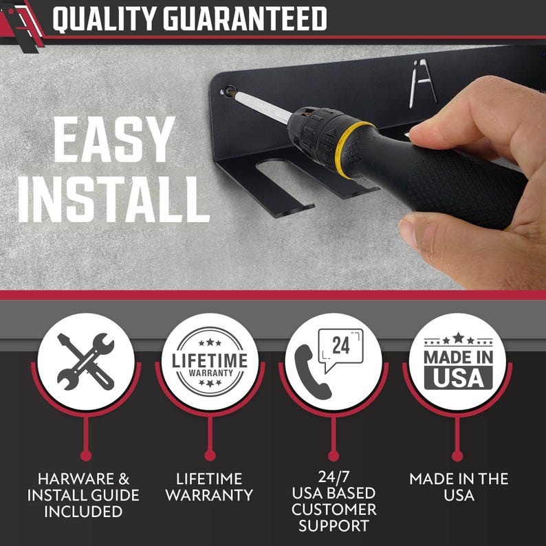 Puede incluir: Soporte de pared de metal negro con cuatro ranuras para sujetar destornilladores. El soporte se est&aacute; instalando con un destornillador. La imagen incluye el texto "QUALITY GUARANTEED", "EASY INSTALL", "LIFETIME WARRANTY", "24/7 USA BASED CUSTOMER SUPPORT", "MADE IN THE USA", "HARDWARE & INSTALL GUIDE INCLUDED".