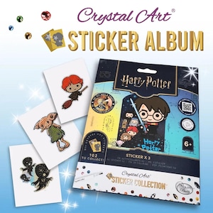 May include: A Crystal Art sticker album featuring Harry Potter characters. The cover displays Harry Potter with a wand, surrounded by other characters. The set includes sticker sheets with various characters and the text "102 to collect!"