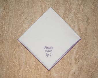 Embroidered Dinner Napkins – "Please Leave by 9" | Funny Hostess Gift Set of 12