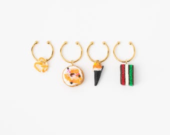 Foodie Wine Charm Set: Handmade Polymer Clay Pretzel, Sushi, Bagel, Cookie