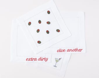 Embroidered Linen Cocktail Napkins - Martini - set of 4