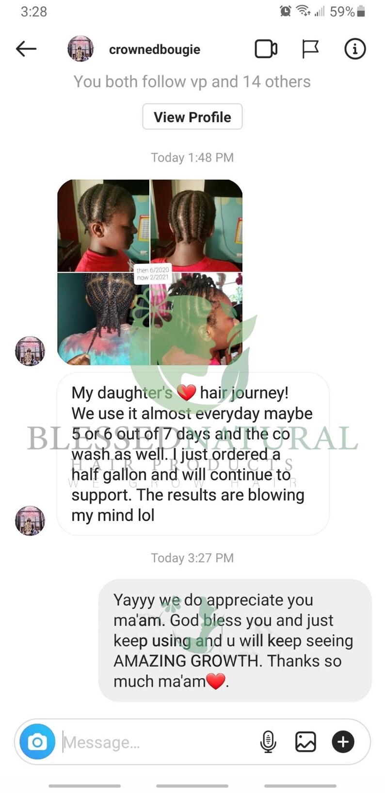 May include: A before and after photo of a child's hair. The photo on the left shows the child's hair in braids, and the photo on the right shows the child's hair in a longer, more voluminous style. The caption reads "My daughter's hair journey! We use it almost everyday maybe 5 or 6 out of 7 days and the co wash as well. I just ordered a half gallon and will continue to support. The results are blowing my mind lol" and "Yayyy we do appreciate you ma'am. God bless you and just keep using and u will keep seeing AMAZING GROWTH. Thanks so much ma'am."
