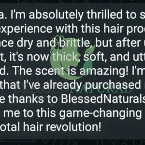 May include: A screenshot of a text message conversation. The message reads: "Hi, I'm Zakia. I'm absolutely thrilled to share my incredible experience with this hair product! My hair was once dry and brittle, but after using this product, it's now thick, soft, and utterly transformed. The scent is amazing! I'm so impressed that I've already purchased my second bottle. Huge thanks to BlessedNaturals for introducing me to this game-changing product - it's been a total hair revolution!" The message is timestamped 9:06 p.m.