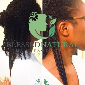 May include: Before and after photo of a person's hair. The hair is styled in twists. The hair is longer and healthier in the after photo. The photo includes the text "Blessed Natural Hair Products".