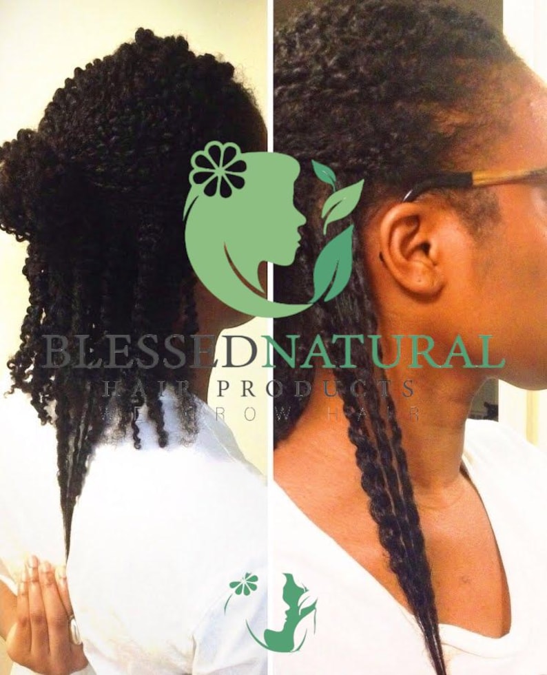 May include: Before and after photo of a person's hair. The hair is styled in twists. The hair is longer and healthier in the after photo. The photo includes the text "Blessed Natural Hair Products".