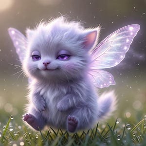 Puede incluir: Ilustración fantástica de un gatito con alas de hada. El gatito tiene un pelaje esponjoso, de color púrpura claro, ojos morados y una suave sonrisa. Está sentado en un campo de hierba con gotas de agua, con un suave bokeh en el fondo.