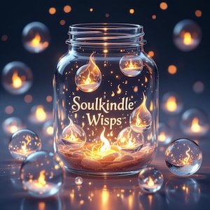 Puede incluir: Un tarro de cristal transparente con el texto "Soulkindle Wisps" contiene orbes brillantes con llamas. El tarro está sobre una superficie arenosa, rodeado de orbes flotantes y luces bokeh, creando una escena mágica.