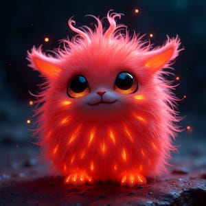 Könnte beinhalten: Ein flauschiges, cartoonartiges Wesen mit leuchtend rosa Fell und großen, ausdrucksstarken Augen. Das Wesen hat leuchtend orangefarbene Akzente und ein kleines, lächelndes Gesicht. Das Design ist skurril und niedlich, mit einem weichen, strukturierten Aussehen.