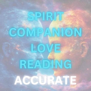 以下が含まれることがあります： 明るい青色のフォントで「SPIRIT COMPANION LOVE READING ACCURATE」と書かれた、カラフルな抽象的な画像です。