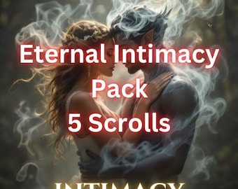 Puede incluir: Imagen con el texto "REALITY SHIFT SERIES" en la parte superior. Debajo, el texto "Eternal Intimacy Pack 5 Scrolls" se muestra en rojo. La palabra "INTIMACY" está en la parte inferior. La imagen muestra una pareja abrazándose, rodeada de humo etéreo.
