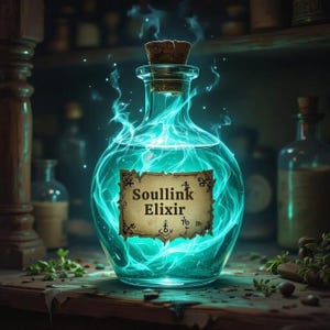 May include: A clear glass bottle with a cork stopper, filled with a glowing blue liquid. The label reads "Soullink Elixir". The bottle is surrounded by swirling blue energy, creating a mystical and magical aesthetic.