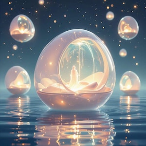 May include: An ethereal digital art piece featuring a figure in a flowing gown inside a large, transparent egg-shaped structure. The scene is set on water, with other glowing orbs and sparkling lights against a dark blue background.