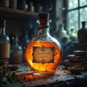 Puede incluir: Una botella de vidrio transparente con tapón de corcho y etiqueta "IGNITION ELIXIR". Contiene un líquido naranja y está rodeada de energía brillante. Otras botellas y una superficie de madera en el fondo.