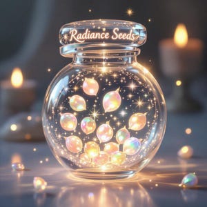 Op de afbeelding: Een heldere glazen pot met een deksel, gevuld met iriserende, gloeiende zaadachtige objecten. De pot is voorzien van het opschrift "Radiance Seeds" in een decoratief lettertype. De afbeelding heeft een zachte, etherische gloed met verspreide sparkles en een vage achtergrond.