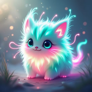 May include: A fluffy, cartoon-style kitten with large, expressive eyes and a gentle smile. The kitten's fur is white, accented with neon teal, pink, and yellow highlights. Pink lightning bolt shapes adorn the ears, and glowing tendrils extend from the head and tail.
