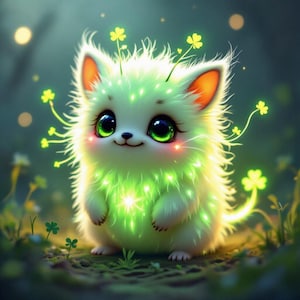 May include: A cute, fluffy creature with glowing green accents and large, expressive eyes. The creature has four-leaf clovers sprouting from its head and tail, set against a blurred, green background.