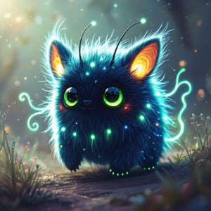 Puede incluir: Una ilustración caprichosa de una criatura azul oscuro y esponjosa con ojos verdes grandes y acentos brillantes. La criatura tiene orejas con bordes naranjas, una pequeña nariz negra y una expresión sonriente. Está rodeada de luces verdes brillantes y un fondo suave y borroso.
