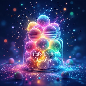Op de afbeelding: Een digitale kunstafbeelding van een glazen pot gevuld met gloeiende, kleurrijke bollen. De bollen zijn in tinten roze, paars, geel en blauw. De tekst "Halo Drift Glowdrop" staat op de pot. De achtergrond is donker met fonkelende lichtjes.