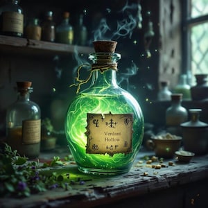 Może przedstawiać: Świecąca zielona butelka z eliksirem z korkiem i etykietą "Verdant Hollow". Butelka otoczona jest smugami dymu i iskier, sugerując magiczne właściwości. Inne butelki i składniki znajdują się w tle.