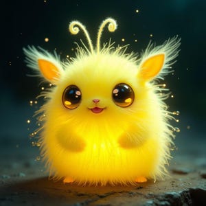 Puede incluir: Una criatura amarilla y esponjosa con ojos grandes y expresivos y pequeñas orejas naranjas. La criatura tiene una expresión sonriente y está rodeada de partículas brillantes. El diseño es lindo y caprichoso.