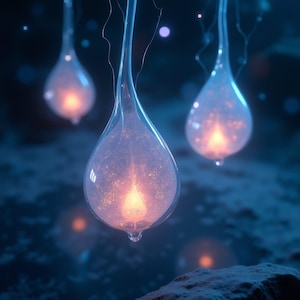 May include: Abstract digital art featuring glowing, teardrop-shaped orbs suspended in a dark blue space. Each orb has a warm, golden light source at its center, with delicate tendrils extending from the top. The overall effect is ethereal and dreamlike.