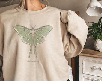 Luna Motte Sweatshirt, Actias Luna Botanischer Rundhalsausschnitt, Unisex Cottagecore Sweatshirt, Motten Liebhaber Geschenk, Natur Sweatshirt, Goblincore Stil