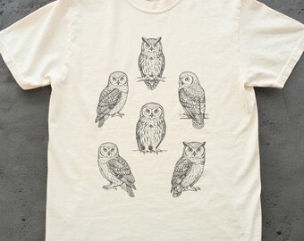 Uggelskjorta, vintage-uggle-t-shirt, bekväma färger fågelälskare-tröja, naturgrafik-t-shirt, Cottagecore skogsdjurspresent för kvinnor och män
