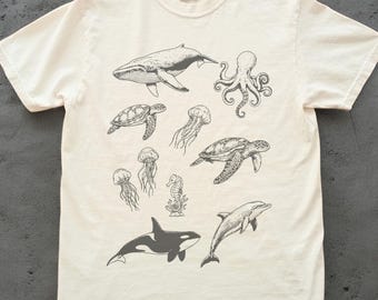 Meerestier Shirt, Ozean Leben Grafik T-Shirt, Komfort Farben Meeresbiologie T-Shirt, Wal Schildkröte Oktopus Delfin Shirt, Ozean Liebhaber Geschenk