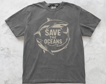 Shirt Save the Oceans, T-shirt haai, T-shirt voor milieubewustzijn, shirt voor oceaanbehoud, uniseks relaxte pasvorm, cadeau voor zeeleven