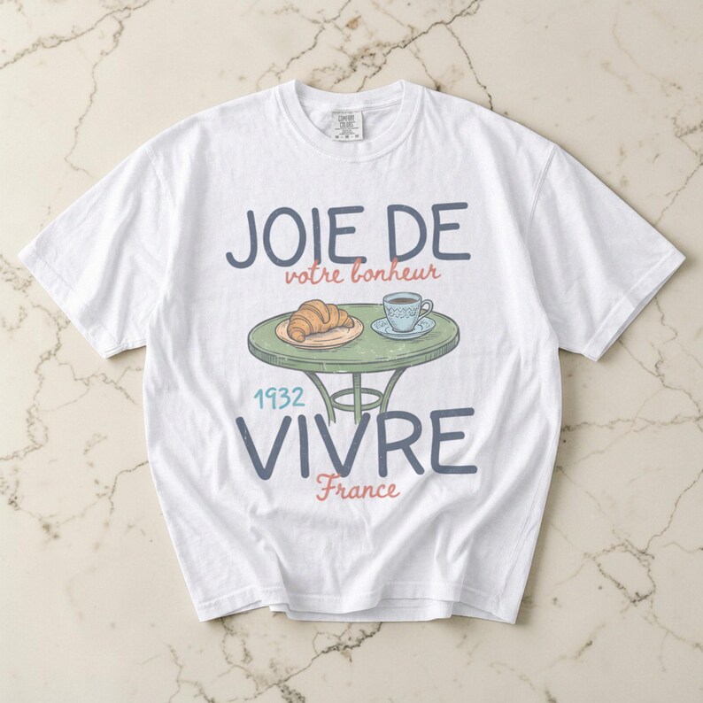 Joie De Vivre-skjorta, fransk caféskjorta unisex, Comfort Colors-tröja, Paris-skjorta, gåva för Frankrikeälskare, croissantskjorta, vintagefransk t-shirt bild 2