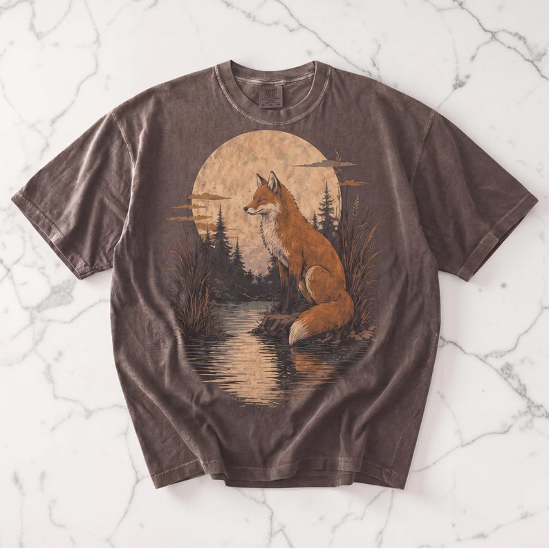 Grafisch T-shirt Fox, vintage shirt vos, cadeau natuurliefhebber, shirt Wildlife, Cottagecore-esthetiek, comfortabele kleuren, T-shirt bosdier, cadeau vos afbeelding 2