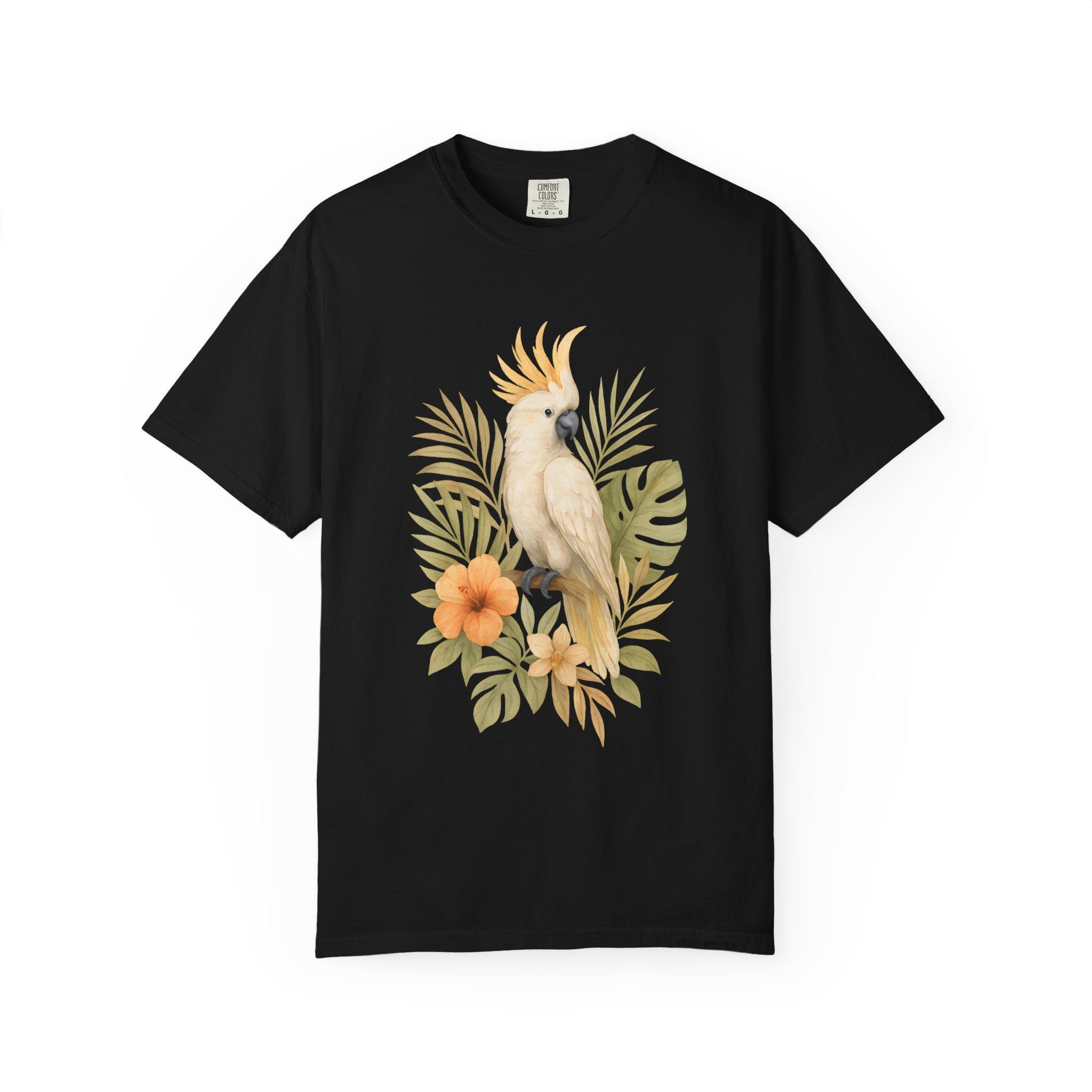 オウムの花柄シャツ、トロピカルバードグラフィックTシャツ 