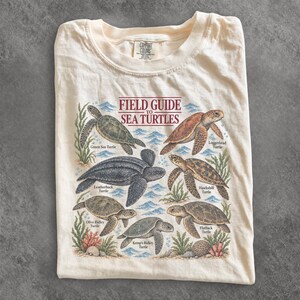 May include: A cream-coloured t-shirt featuring a graphic titled Field Guide to Sea Turtles. The design displays six illustrated sea turtles labelled Green Sea Turtle, Loggerhead Turtle, Leatherback Turtle, Hawksbill Turtle, Olive Ridley Turtle, and Kemp's Ridley Turtle, surrounded by seaweed and coral illustrations.