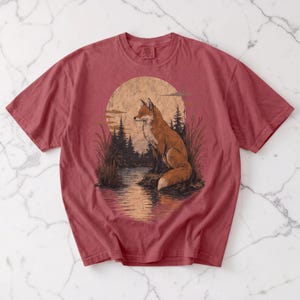 Grafisch T-shirt Fox, vintage shirt vos, cadeau natuurliefhebber, shirt Wildlife, Cottagecore-esthetiek, comfortabele kleuren, T-shirt bosdier, cadeau vos afbeelding 4