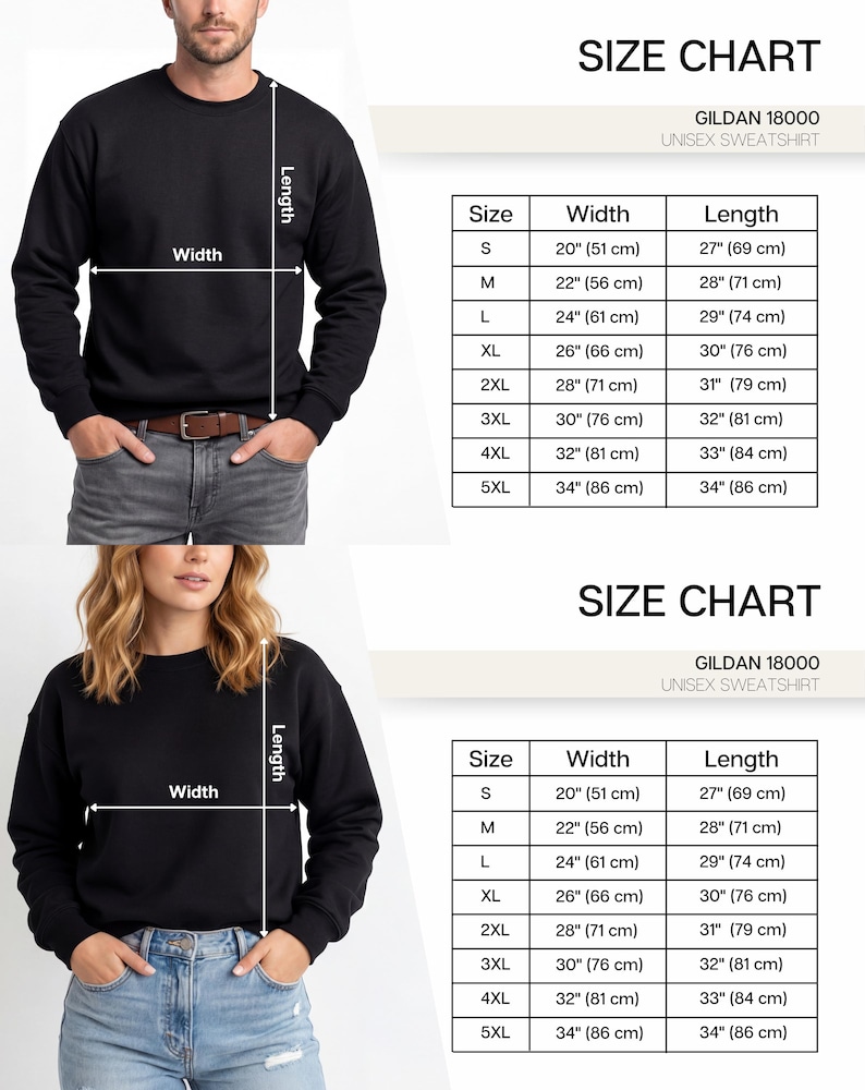 K&ouml;nnte beinhalten: Schwarzes Unisex-Sweatshirt mit Gr&ouml;&szlig;entabelle. Die Tabelle zeigt Ma&szlig;e f&uuml;r die Gr&ouml;&szlig;en S bis 5XL, mit Breiten von 51 cm bis 86 cm und L&auml;ngen von 69 cm bis 86 cm. Das Sweatshirt ist von Gildan.