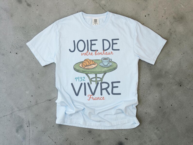 Joie De Vivre-skjorta, fransk caféskjorta unisex, Comfort Colors-tröja, Paris-skjorta, gåva för Frankrikeälskare, croissantskjorta, vintagefransk t-shirt bild 4