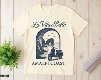 La Vita È Bella Amalfikusten T-shirt, retro italiensk resetröja, kustestetisk t-shirt, Italien semestertröja, unisex vintage grafisk t-shirt