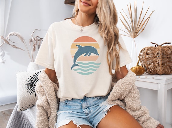 Dolphin Sunset Shirt Ocean Graphic Tee, Relaxed Fit Beach Shirt