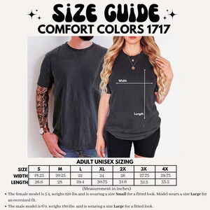 May include: A size guide for Comfort Colors 1717 t-shirts featuring a chart with width and length measurements in inches for sizes S through 4X. The graphic displays two individuals wearing charcoal grey t-shirts with labels for width and length.