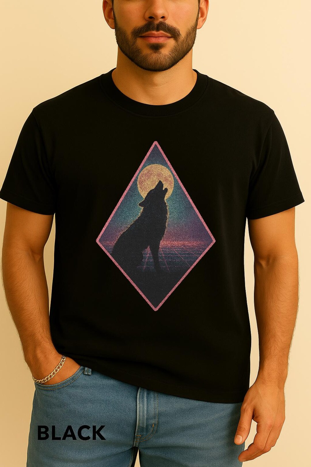 Retro Wolf Shirt, Vintage Howling Wolf Graphic Tee, 80s Synth Moon ...
