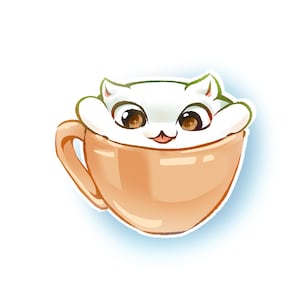 Sticker adorable chat tasse de thé - Arikoa Designs - Stickers adhésifs mat/brillant