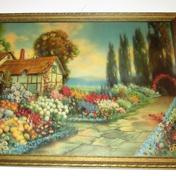 Antique Art 1920's Lithograph R. Atkinson Fox , Cottage Vills English Garden, Ornate Wooden Frame, Signed