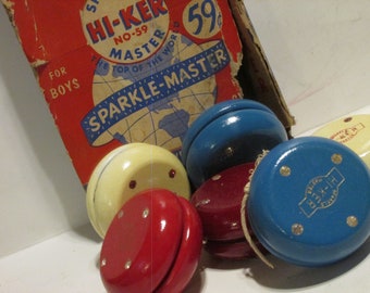 Hi-Ker RARE Sparkle Master Top of the World Tournament Wooden Yo-Yo's NOS in Original Box, With Extre Strings Box Says for Boys