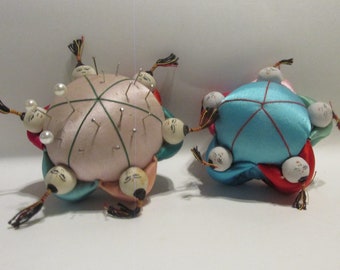 Chinese Silk Pincushions, 6 and 5 People Holding Hands, Sewing